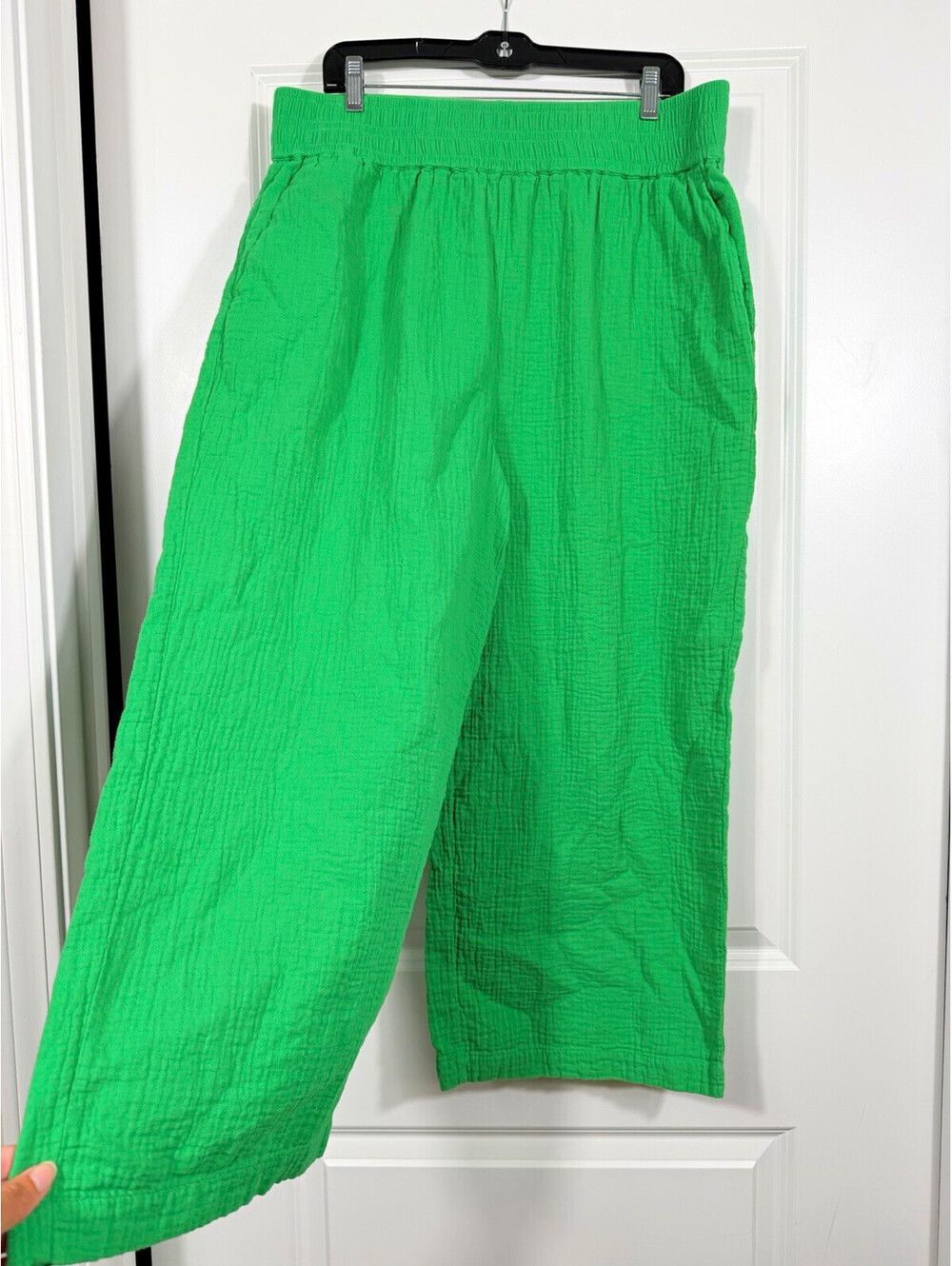 Boden Women's Wide Leg Cropped Pants US 14 (UK 18) Green Gauze Cotton Coastal